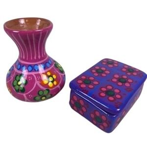 Mexican Folk Art Hand Painted Ceramic Bud Vase and Lidded Trinket Box Set Floral